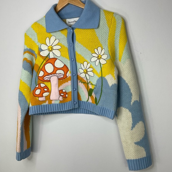 House of Sunny Mushroom Floral Cropped Cardigan Size 8 - Picture 5 of 12